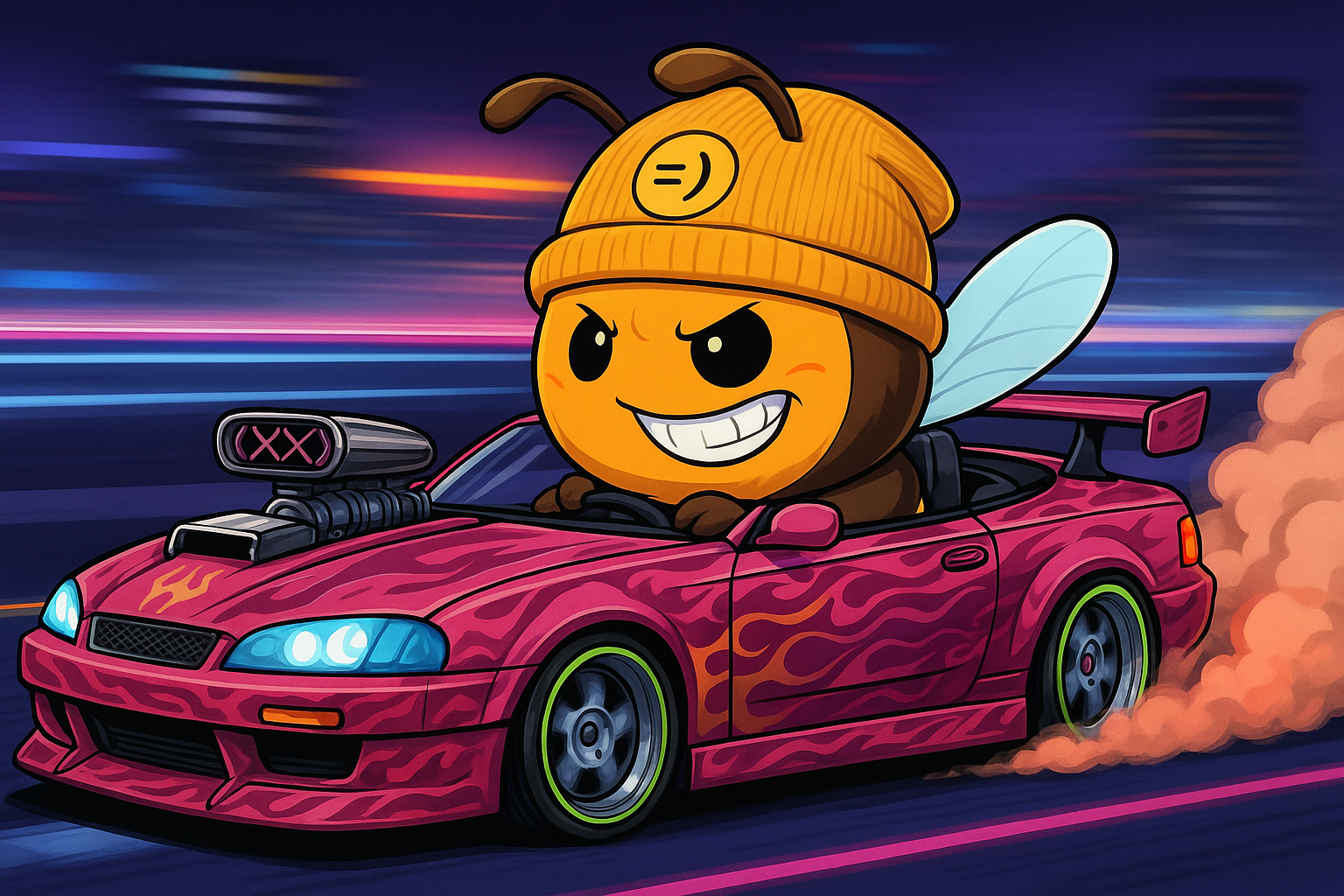 Wasp&#39;s mascot, &quot;Da Boi&quot;, driving a fast, pimped ride through a blurred city